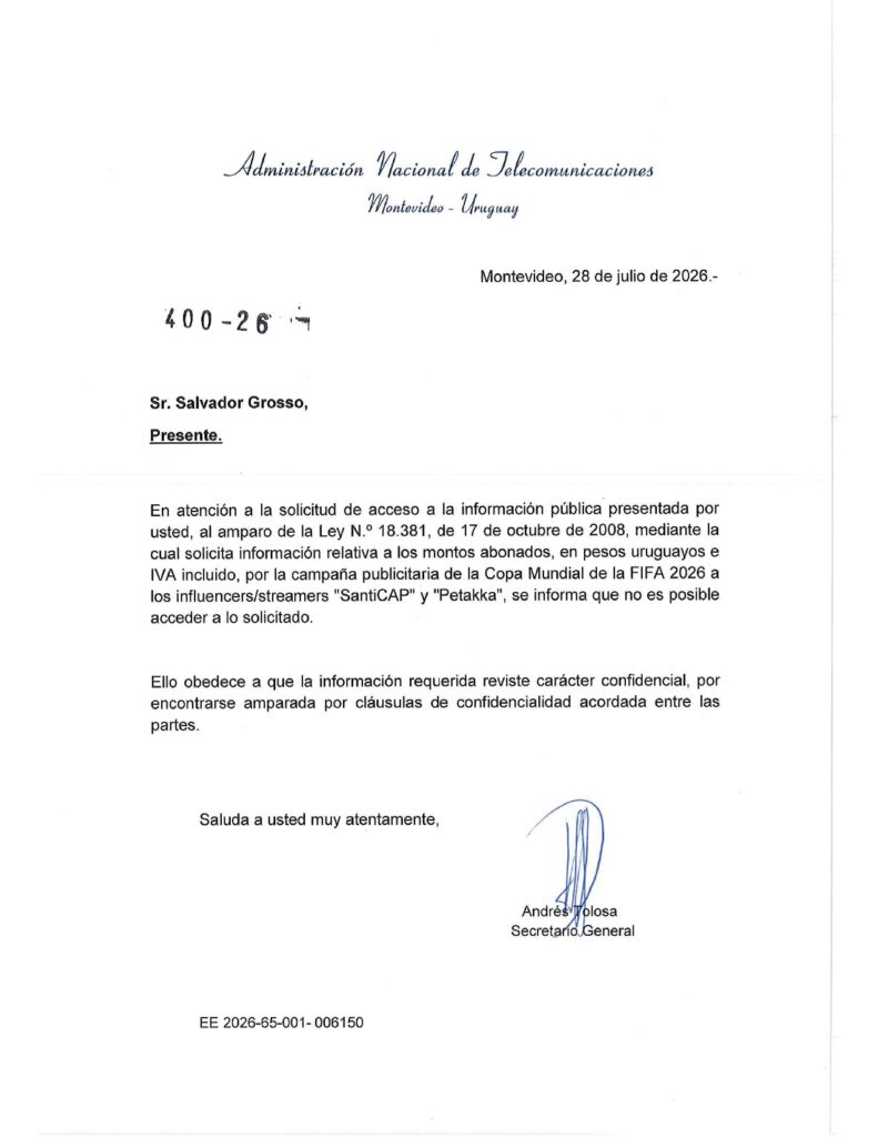 Pedido de acceso a la información pública realizado a ANTEL, firmado por el Secretario General Andrés Tolosa Pedido de acceso a la información pública realizado a ANTEL, firmado por el Secretario General Andrés Tolosa